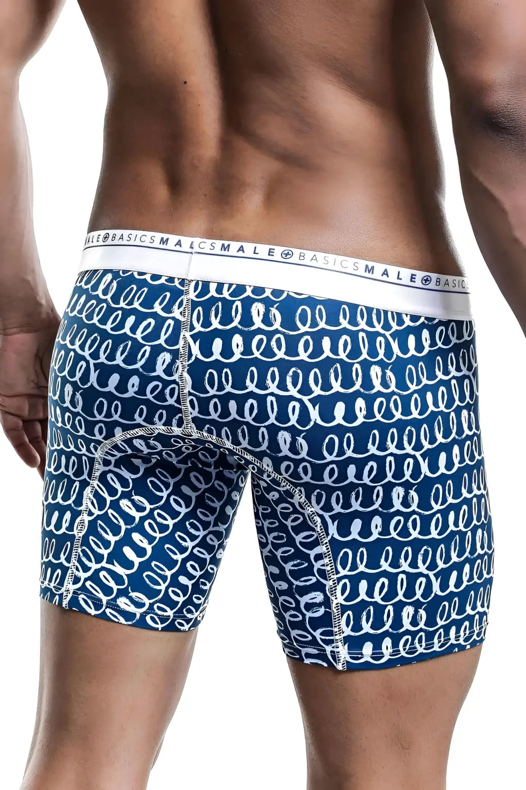 Malebasics boxer brief hipster crete in blue and white patterned cotton with a repeating swirl design