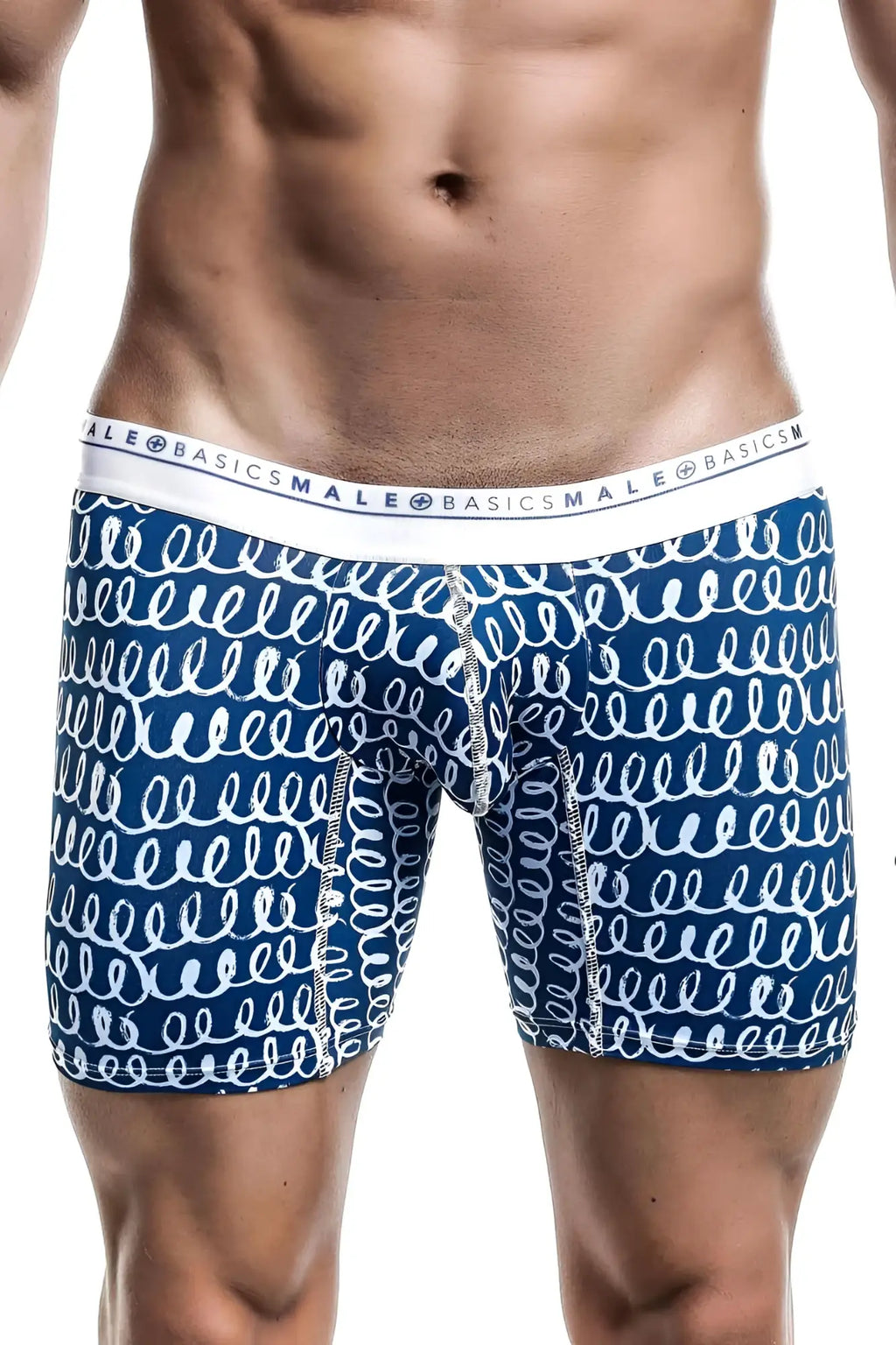 Malebasics boxer brief hipster crete blue and white patterned men’s boxer briefs with repeating swirl design