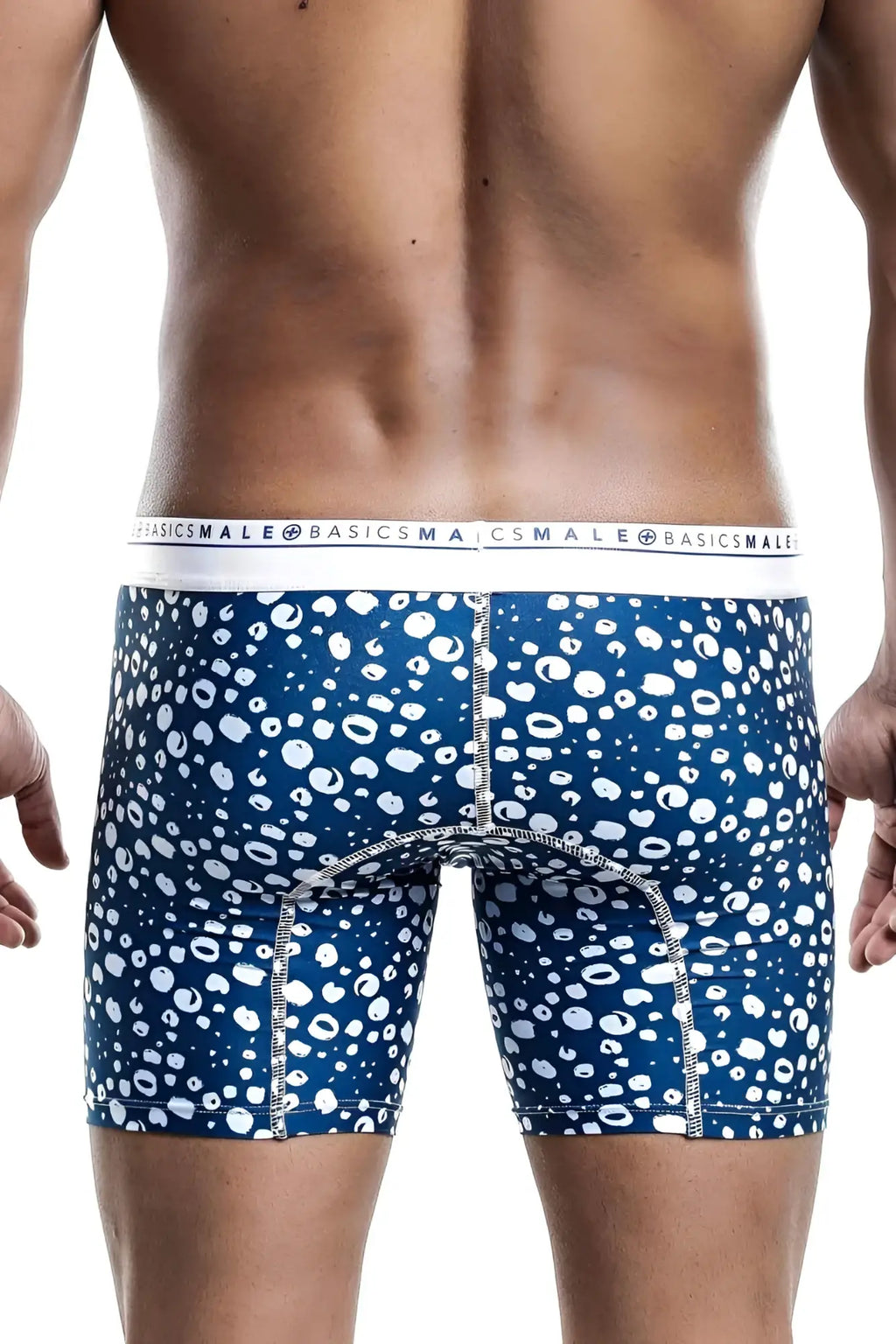Malebasics boxer brief hipster Paros in blue and white leopard print with branded waistband for comfortable wear