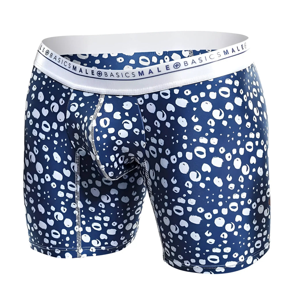 Malebasics boxer brief hipster paros in blue and white leopard print with branded elastic waistband for men