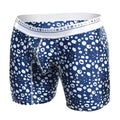 Malebasics boxer brief hipster paros in blue and white leopard print with branded elastic waistband for men
