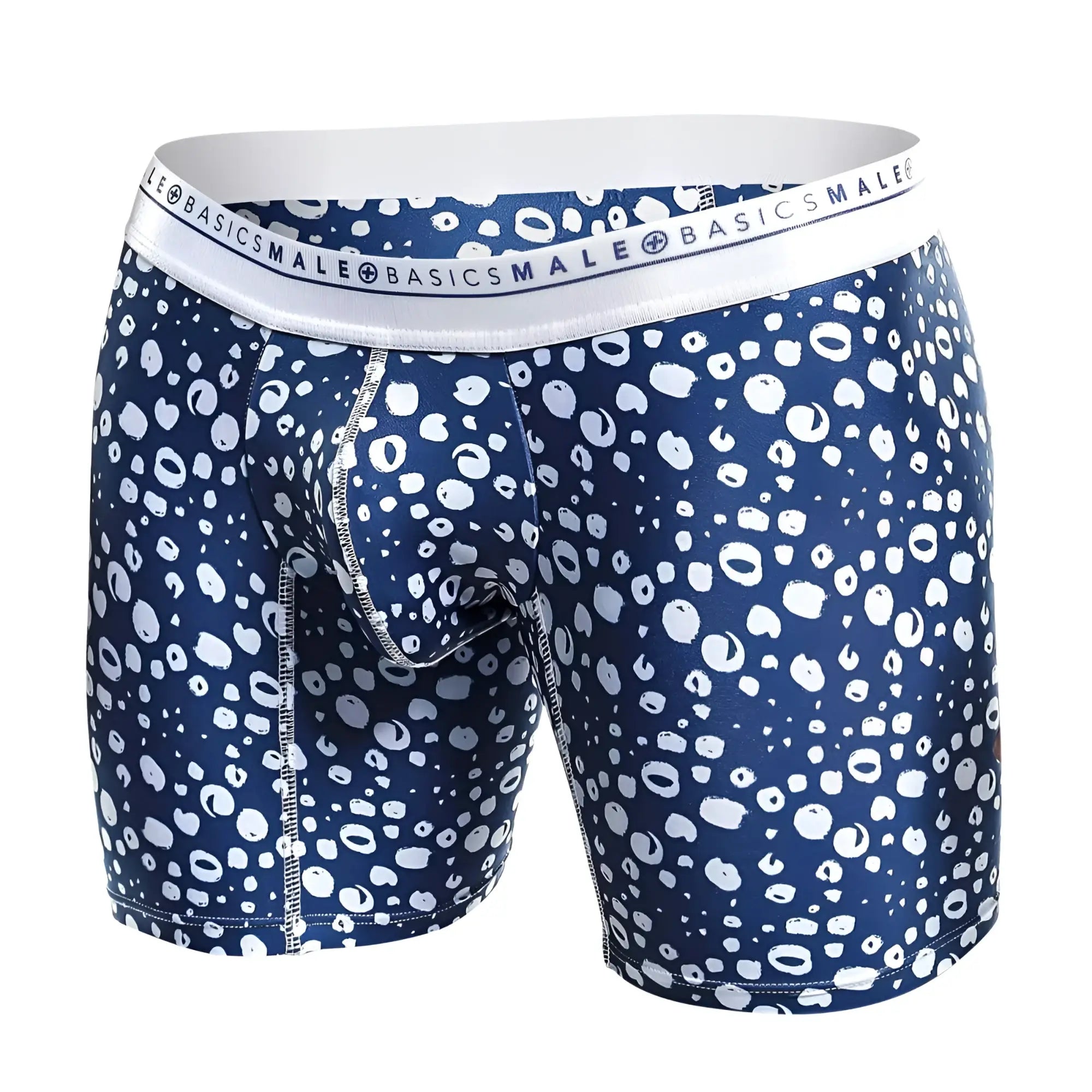 Malebasics boxer brief hipster paros in blue and white leopard print with branded elastic waistband for comfort