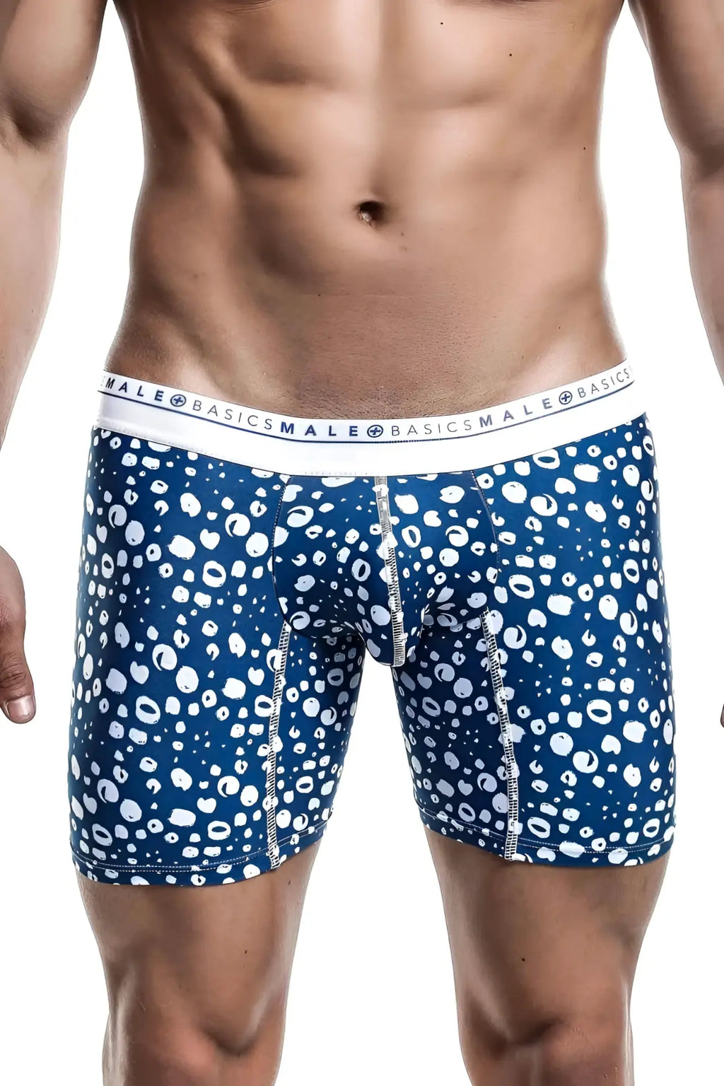 Malebasics boxer brief hipster paros featuring blue and white patterned cotton with branded elastic waistband