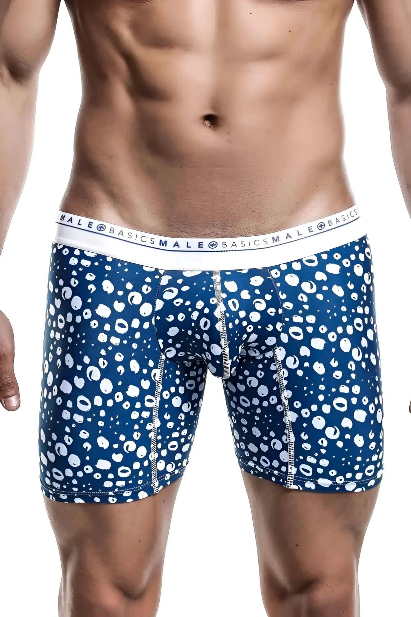 Malebasics boxer brief hipster paros featuring blue and white patterned cotton with branded elastic waistband