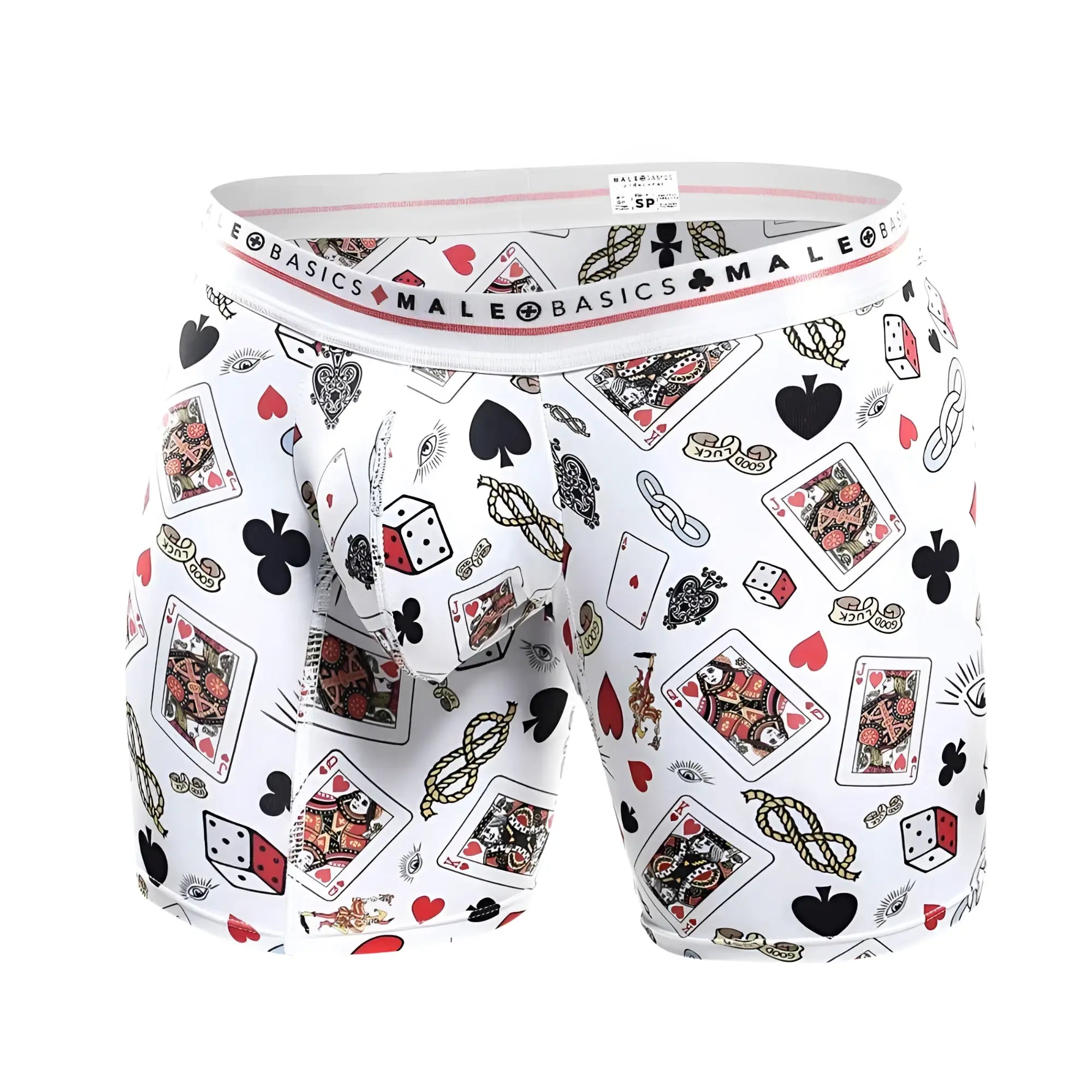 Malebasics boxer brief hipster poker featuring white fabric with a playful pattern of cards dice and hearts in black red and gold