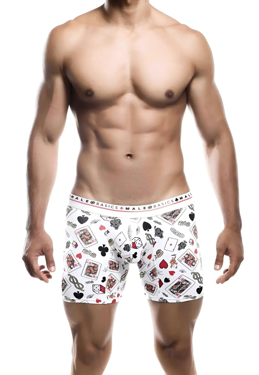 Male basics boxer brief hipster poker with playful black red and gray playing card and dice pattern on white fabric