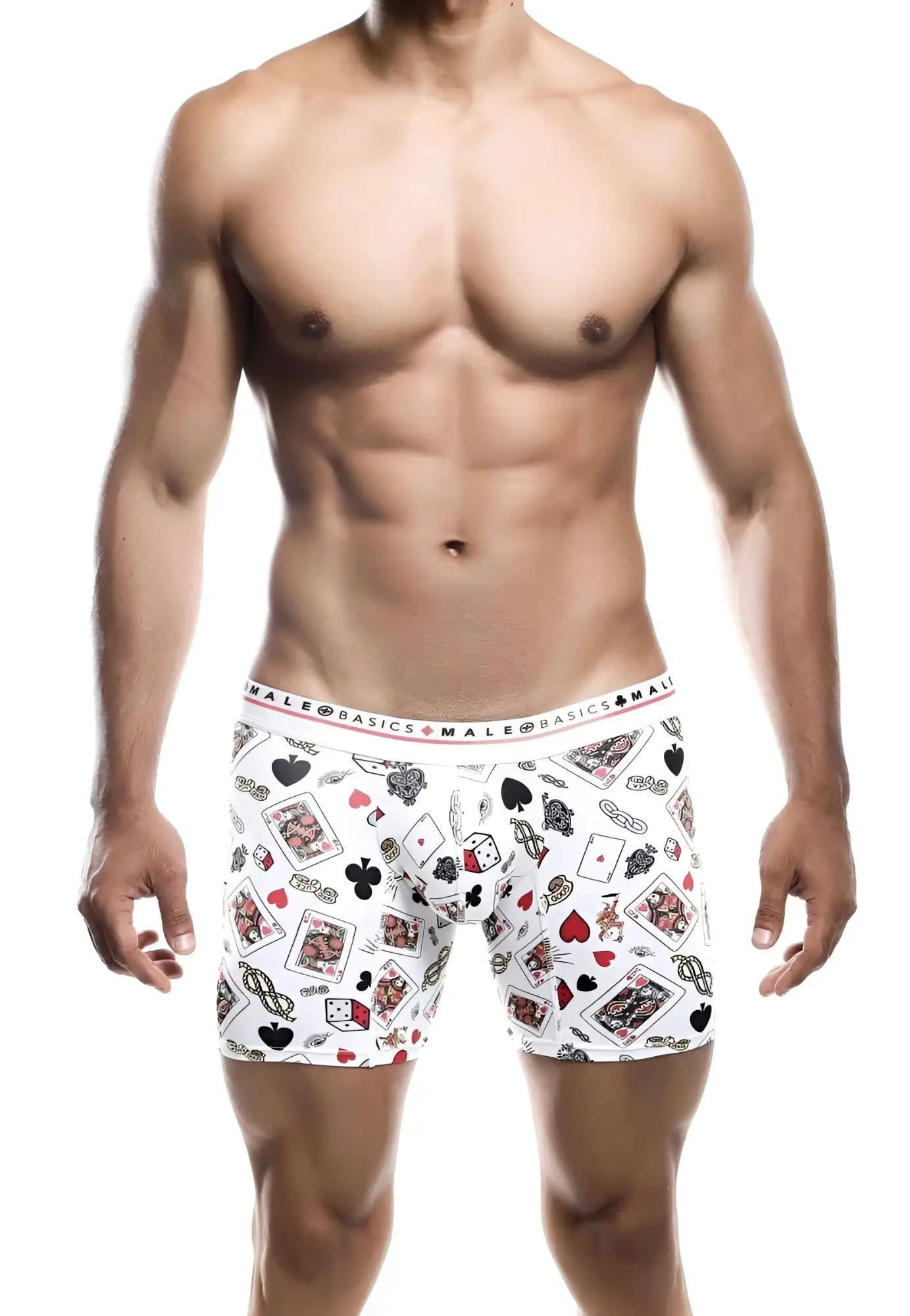 Male basics boxer brief hipster poker with playful black red and gray playing card and dice pattern on white fabric