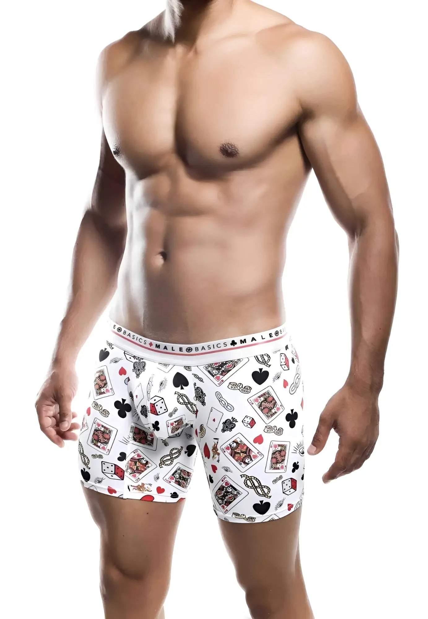 White mens boxer briefs with playful poker pattern in black red and gray malebasics boxer brief hipster poker