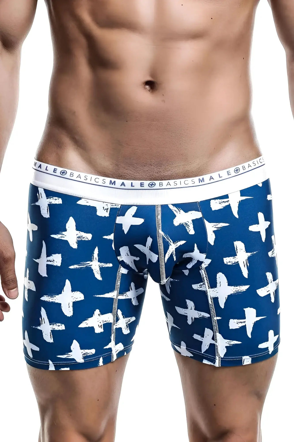 MaleBasics boxer briefs in blue with a white brushstroke cross pattern and a branded white waistband.