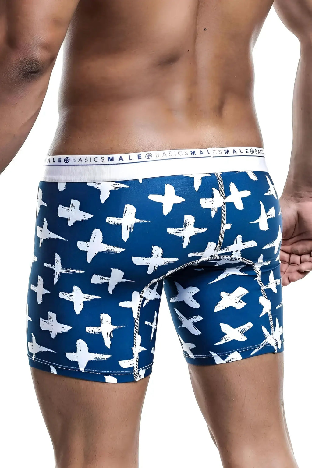 Blue malebasics boxer brief hipster santorini with white brushstroke cross pattern and branded waistband