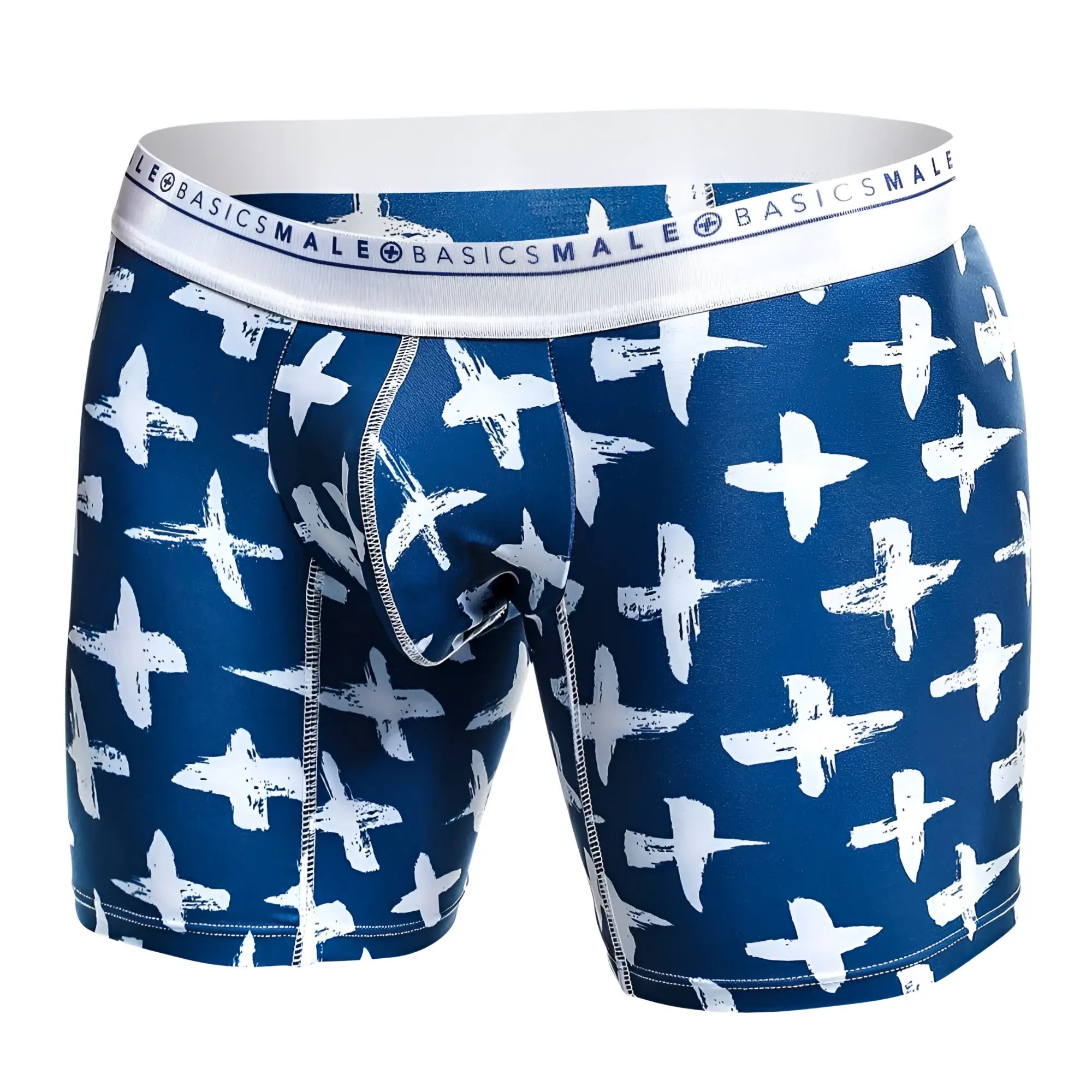 Malebasics boxer brief hipster santorini featuring blue and white patterned fabric with branded elastic waistband