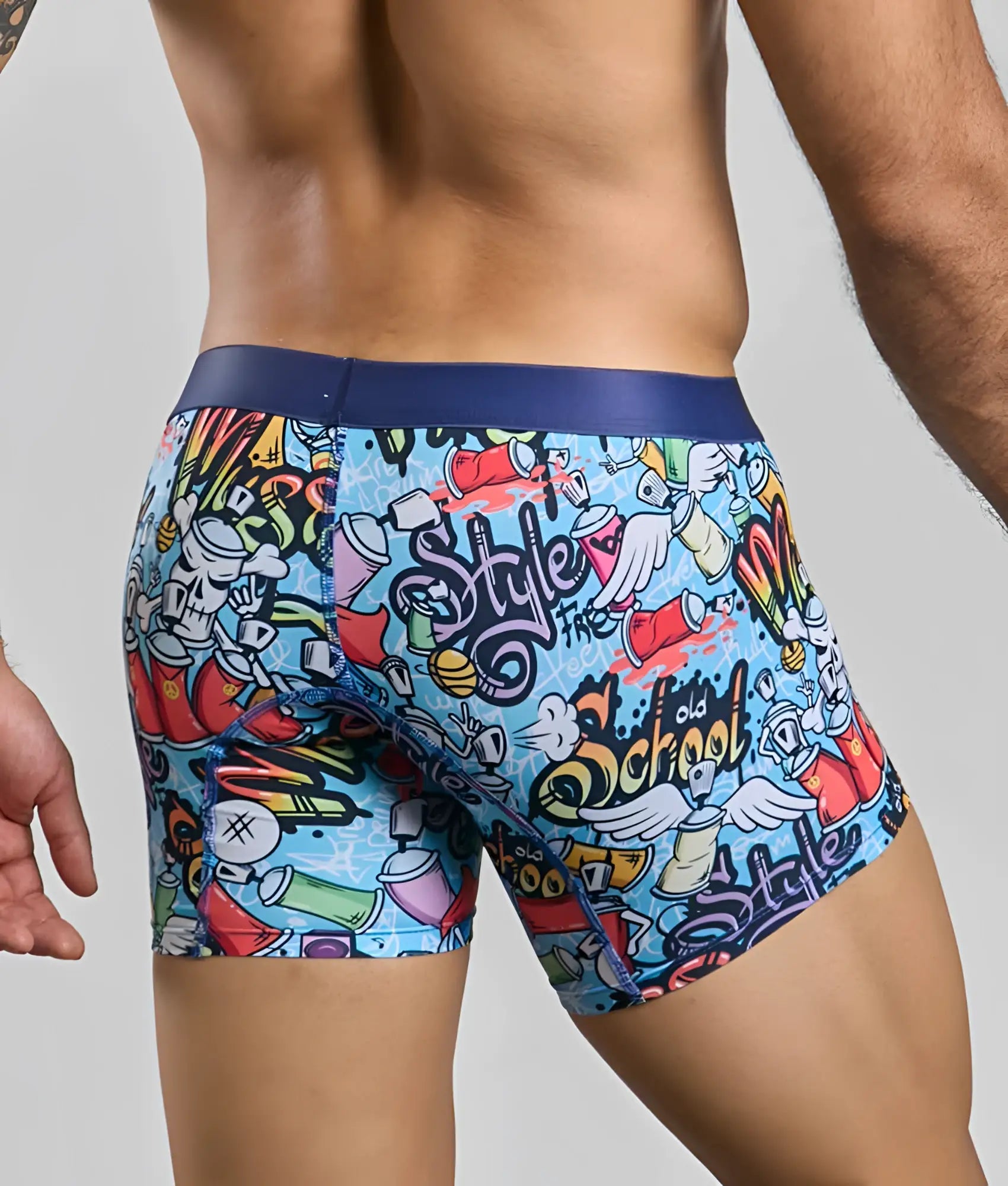 Malebasics boxer brief hipster in vibrant blue with bold graffiti print of spray cans wings and stylized text