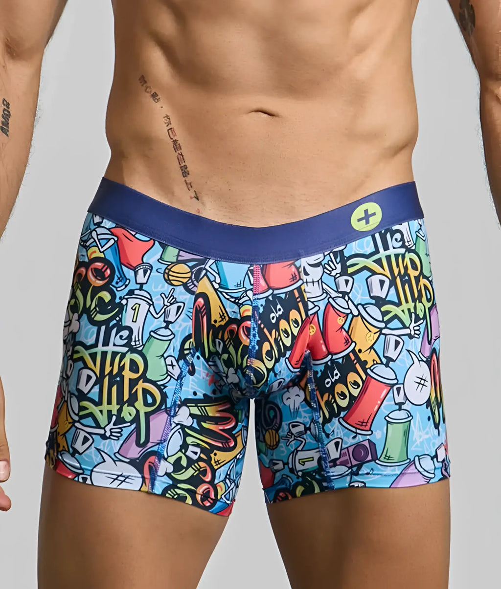 Malebasics boxer brief hipster with vibrant graffiti print featuring colorful spray paint cans skulls and hip hop lettering