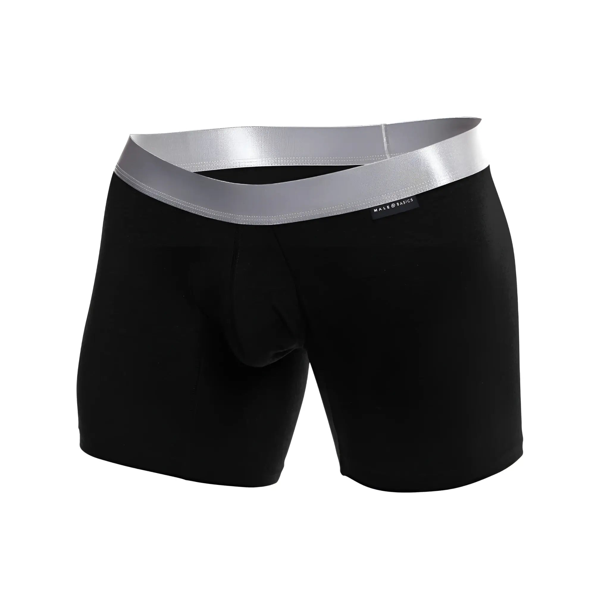 Black men’s boxer briefs with shiny silver waistband made basic label in pima cotton for comfortable daily wear