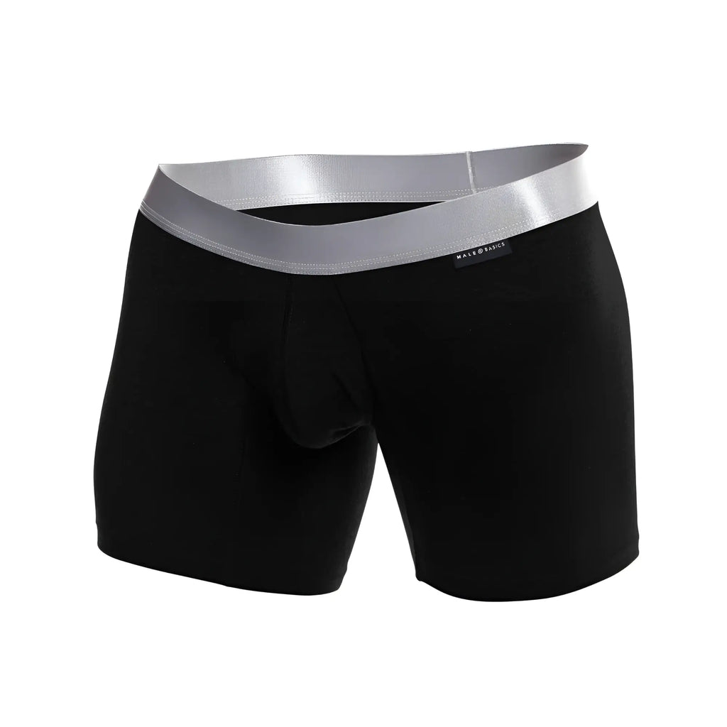 Black men’s boxer briefs with shiny silver waistband made basic label pima cotton for daily comfort and support
