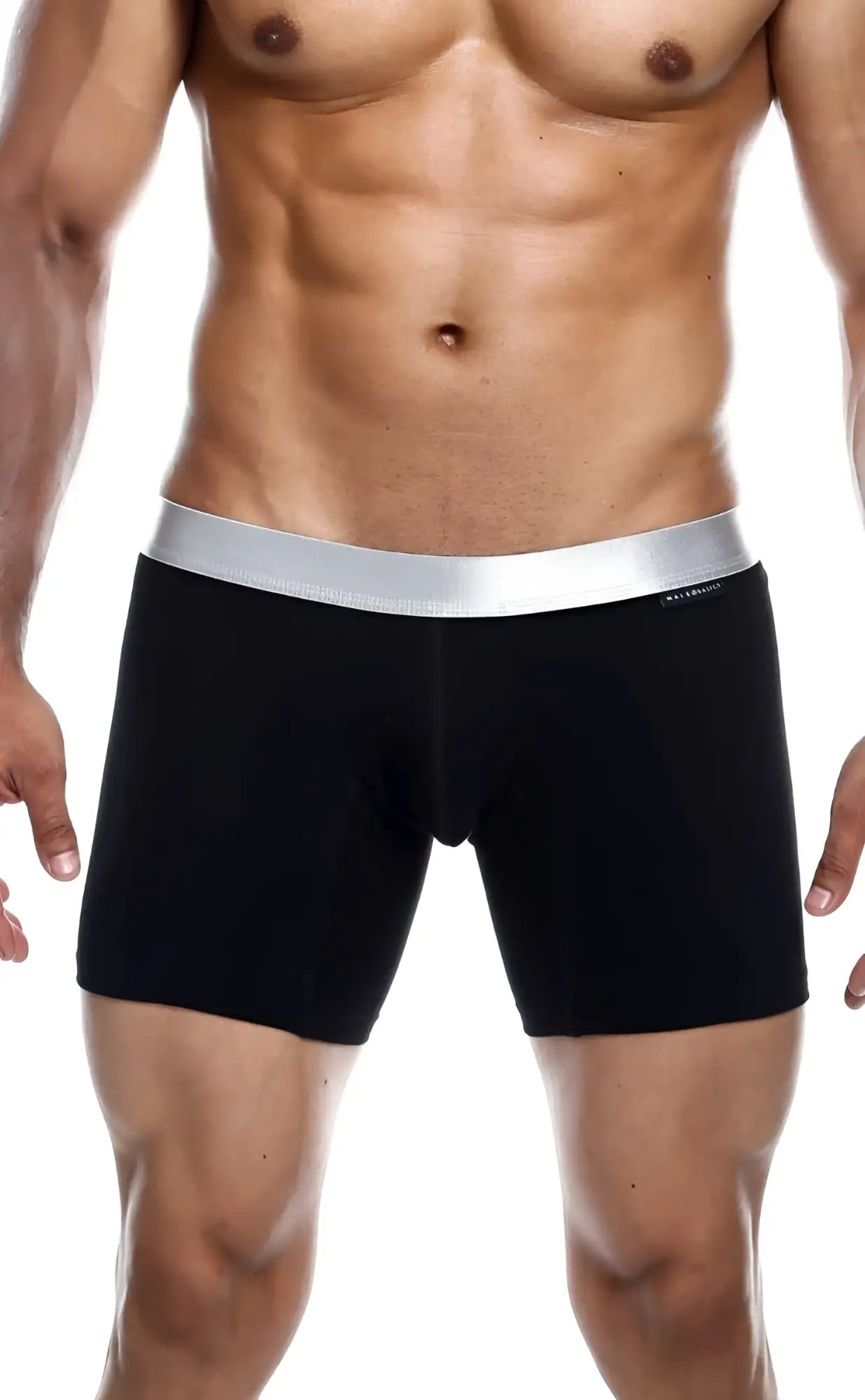 Black male basics boxer brief pima made of soft fabric with silver elastic waistband for comfortable everyday wear