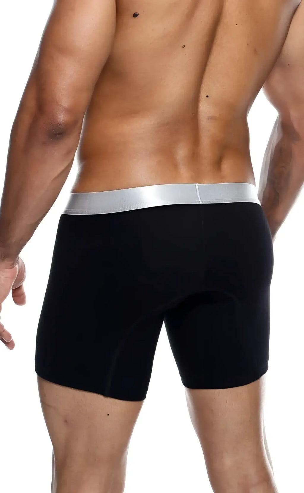 Black malebasics boxer briefs with a sleek silver waistband made from soft pima cotton for comfortable daily wear