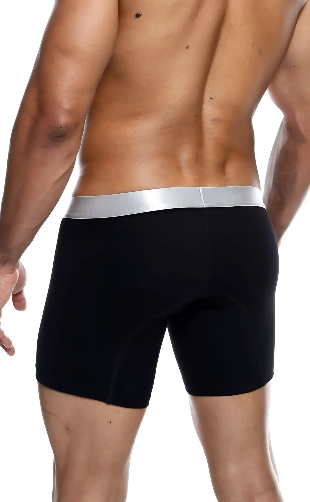 Black malebasics boxer briefs with a sleek silver waistband made from soft pima cotton for comfortable daily wear