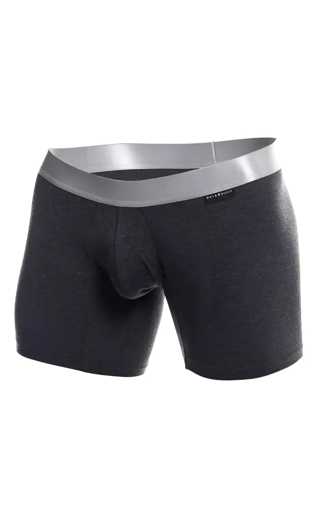 Dark gray textured MaleBasics boxer briefs with silver waistband made from soft breathable pima cotton