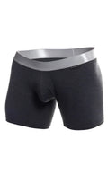 Dark gray textured MaleBasics boxer briefs with silver waistband made from soft breathable pima cotton