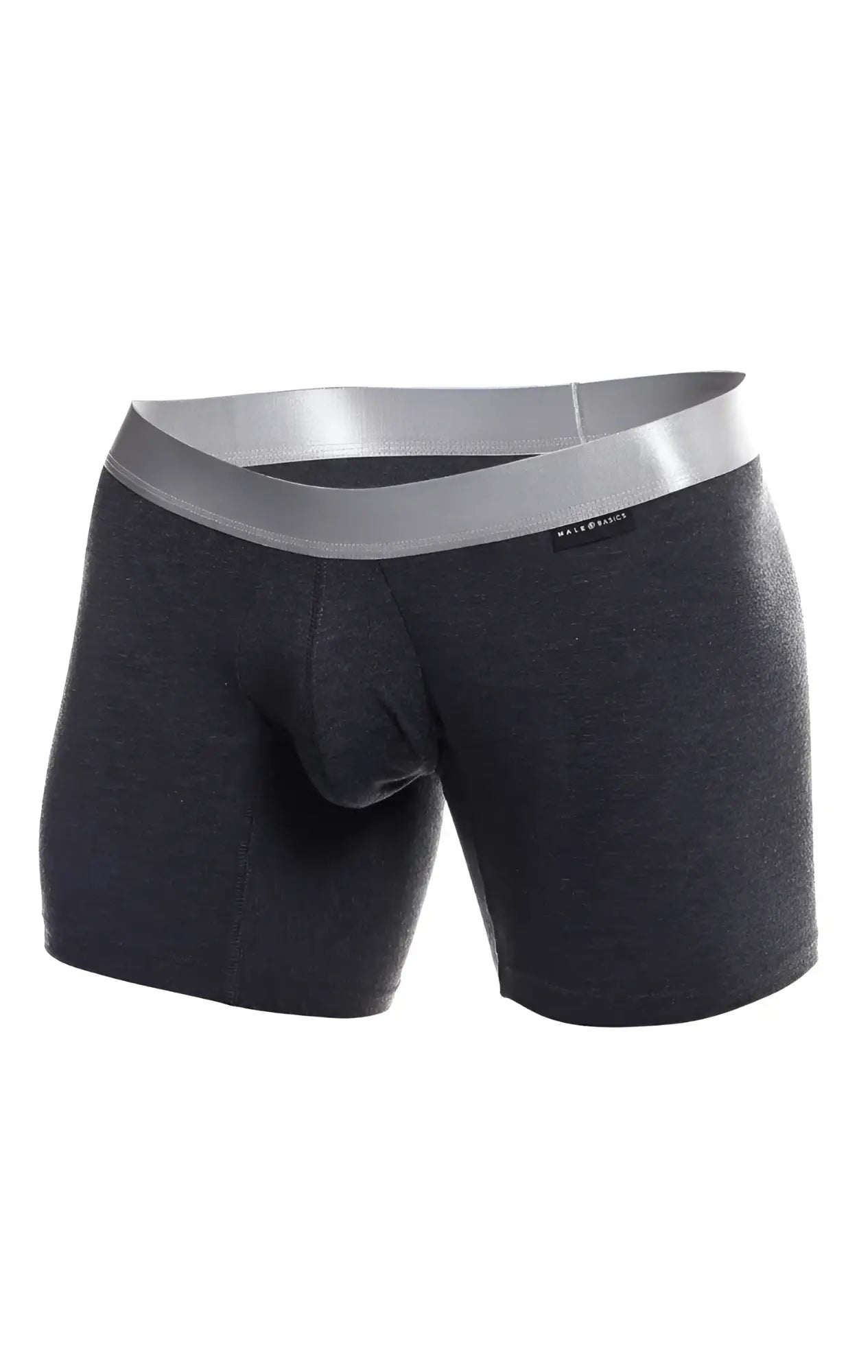 Dark gray textured MaleBasics boxer briefs with silver waistband made from soft breathable pima cotton