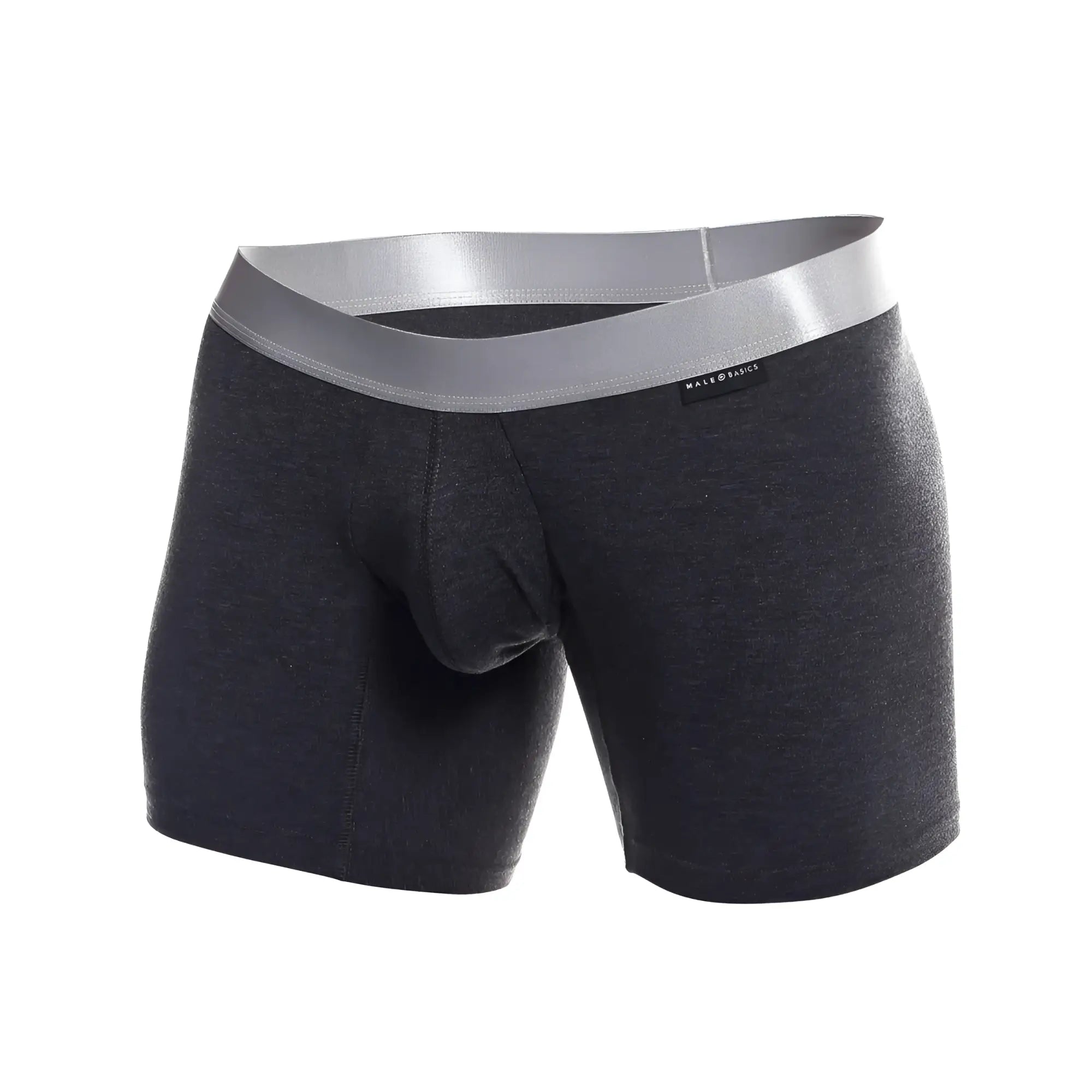 Dark heather gray men’s boxer briefs with silver waistband made basics label in pima cotton for comfortable wear