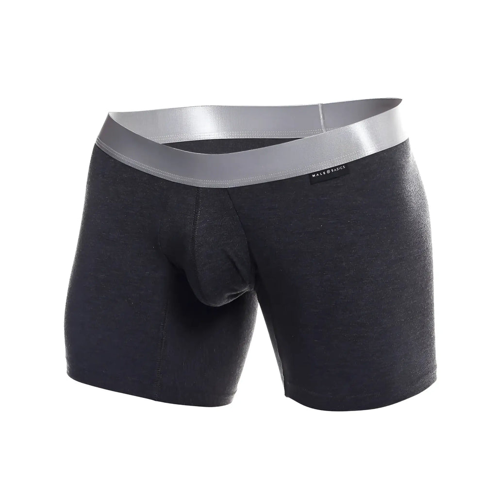 Dark heather gray men’s boxer briefs with silver waistband made basics brand label pima cotton for comfortable wear