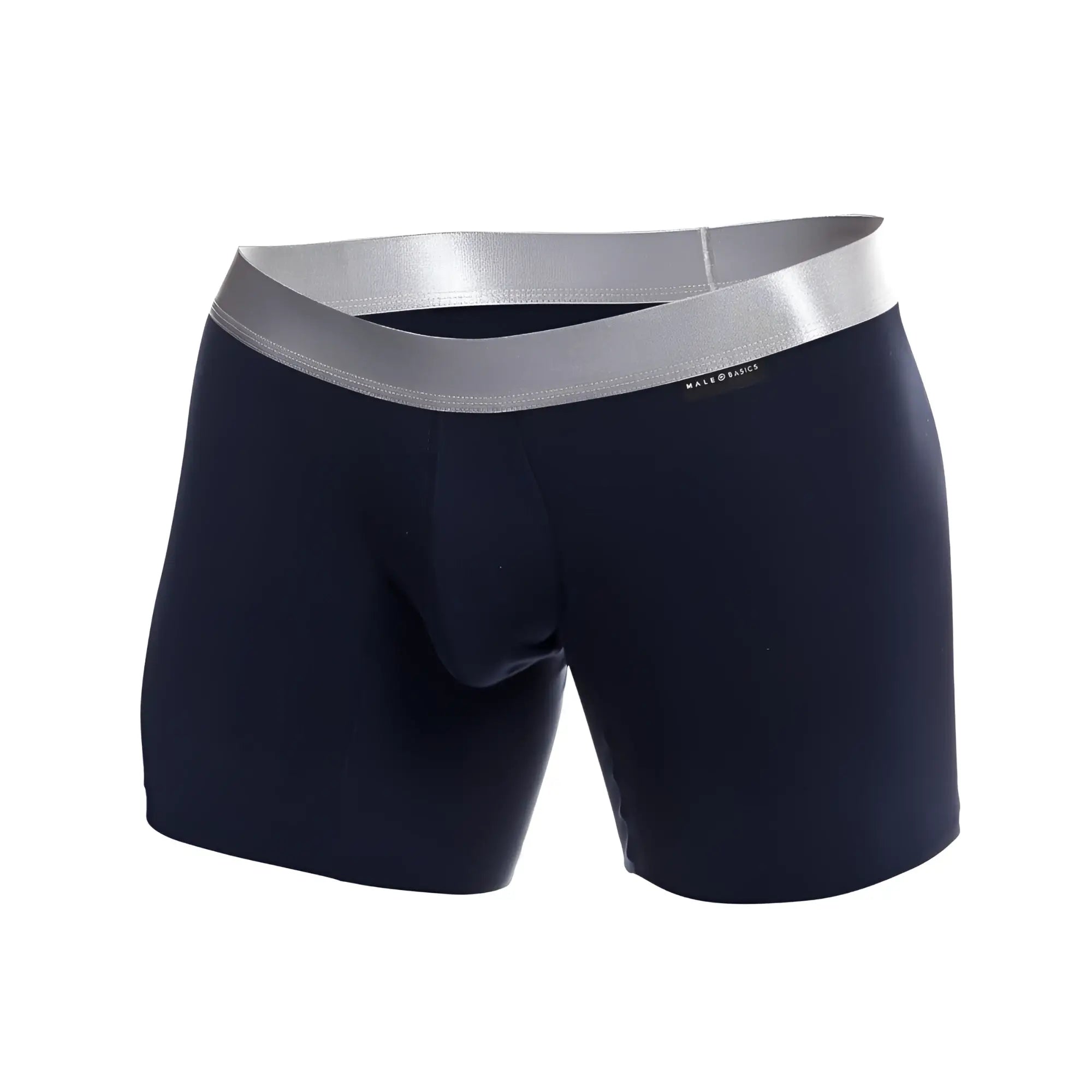 Navy blue men’s boxer briefs with silver elastic waistband branded mateo basics made from pima cotton for comfort