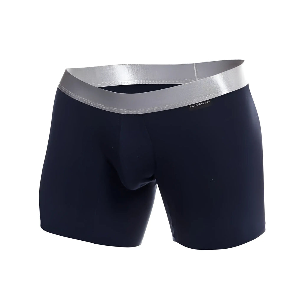 Navy blue men’s boxer briefs with silver elastic waistband branded mateo basics made from soft pima cotton
