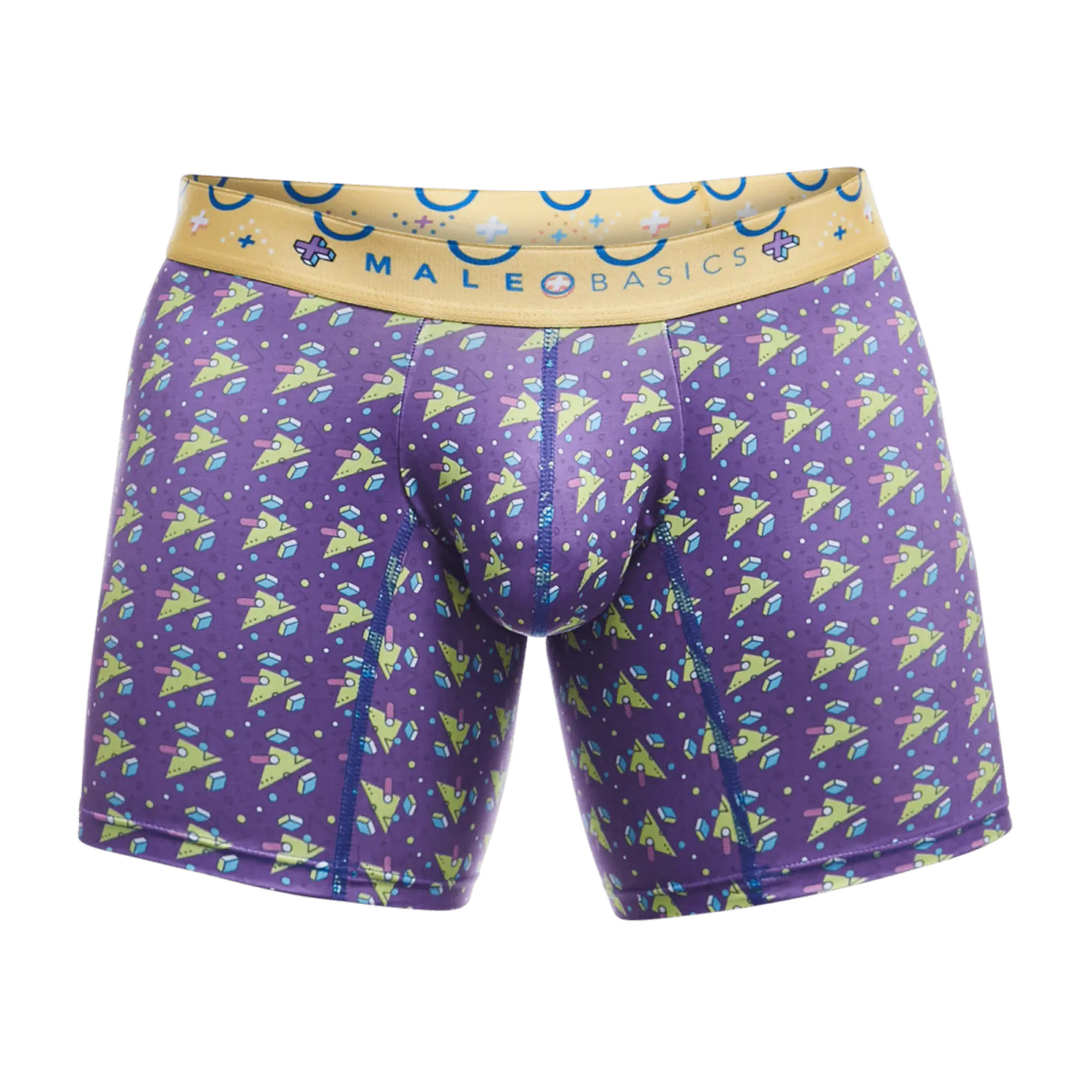 Malebasics boxer brief in purple with lime green and light blue geometric shapes and a yellow branded waistband