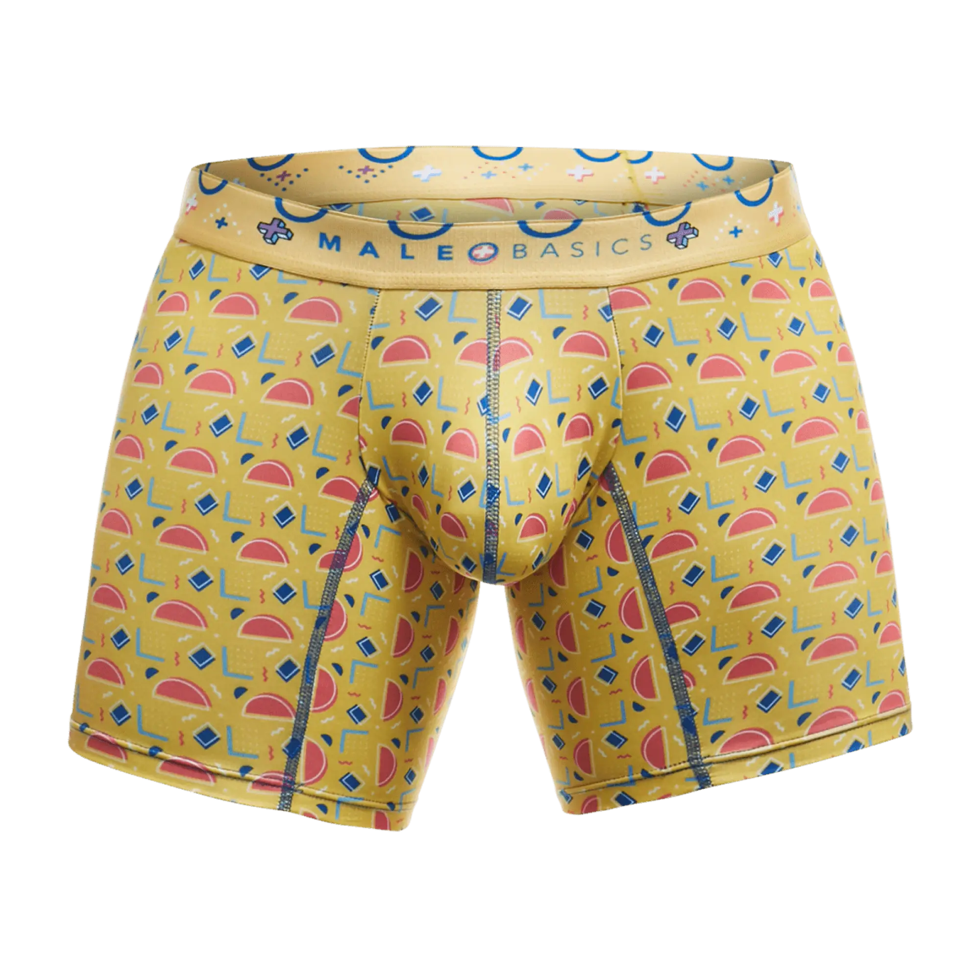 Yellow malebasics boxer briefs with playful pink watermelon slices blue diamonds and geometric shapes on vibrant fabric