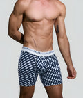 Navy blue and white geometric patterned malebasics formula 1 boxerbrief with branded elastic waistband for everyday wear