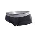 Black men’s briefs with a shiny silver waistband made of pima cotton featuring the male and black brand label