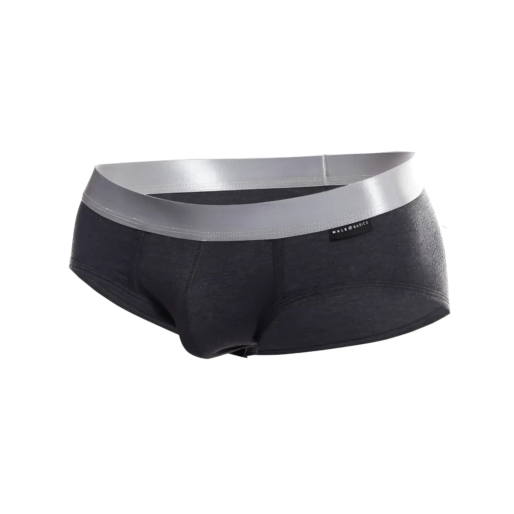 Black men’s briefs with a shiny silver waistband made of pima cotton featuring the male and black brand label