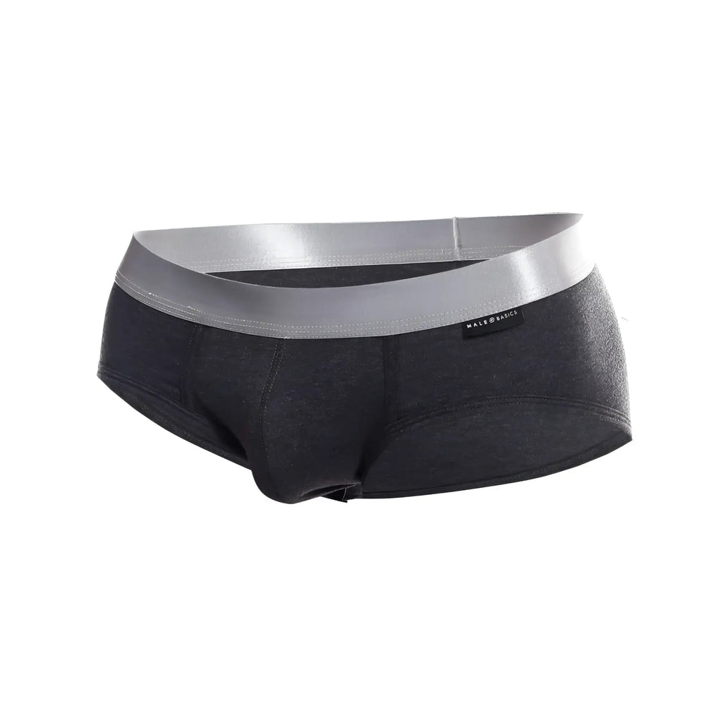 Black men’s briefs with shiny silver waistband made of pima cotton from male and black in the malebasics brief pima line