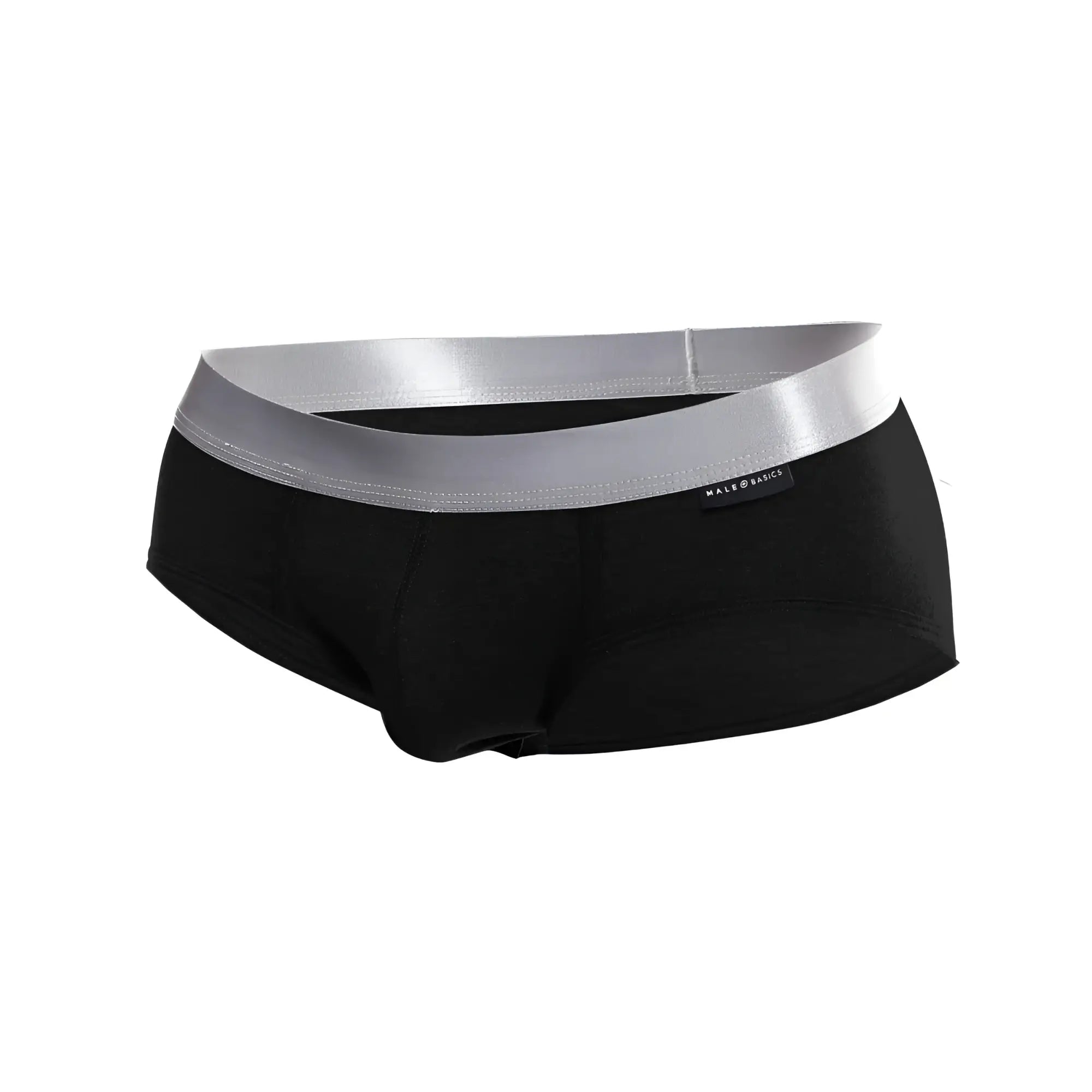 Black male basics brief pima with a shiny silver waistband made of soft pima cotton for comfortable everyday wear