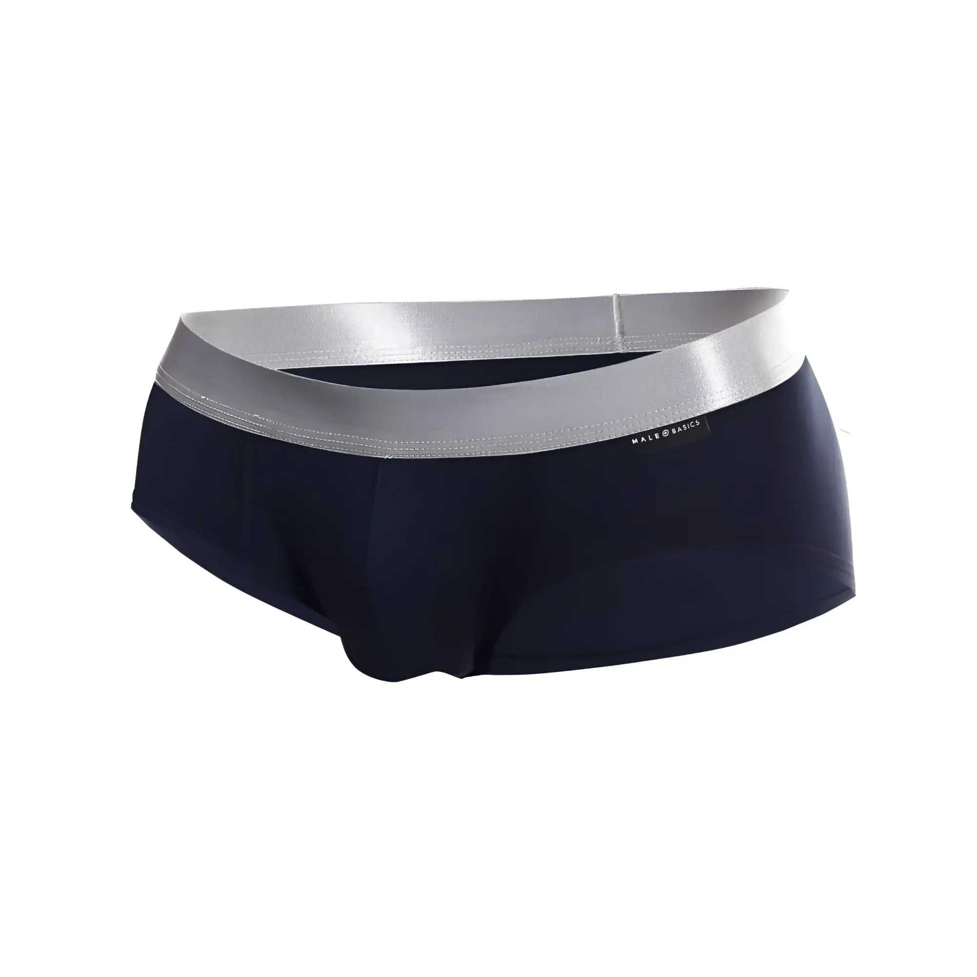 Navy blue pima briefs with shiny silver waistband and male basics brand label designed for comfortable daily wear