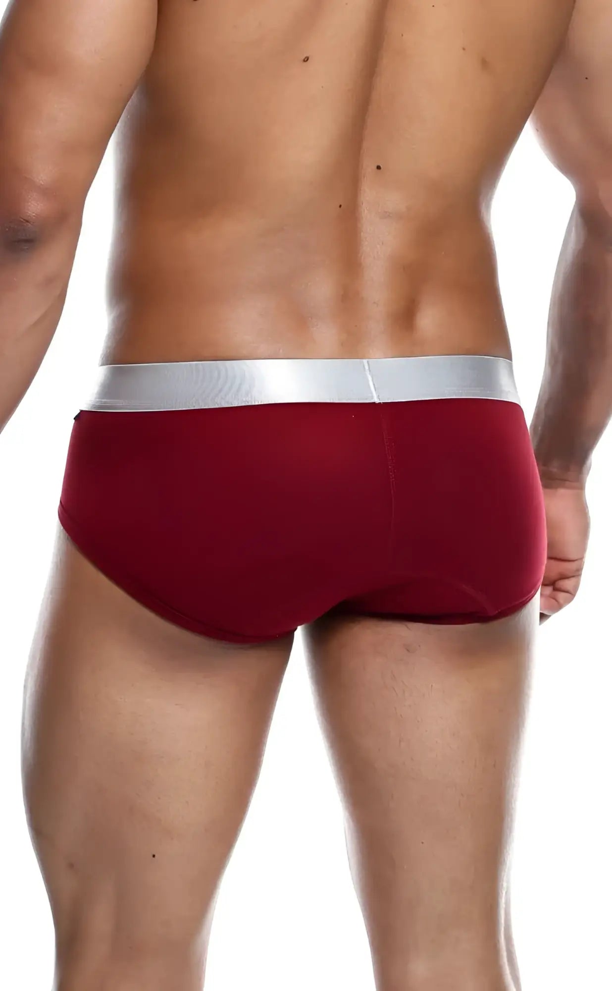 Red men’s pima briefs by malebasics with a silver waistband designed for comfort and style