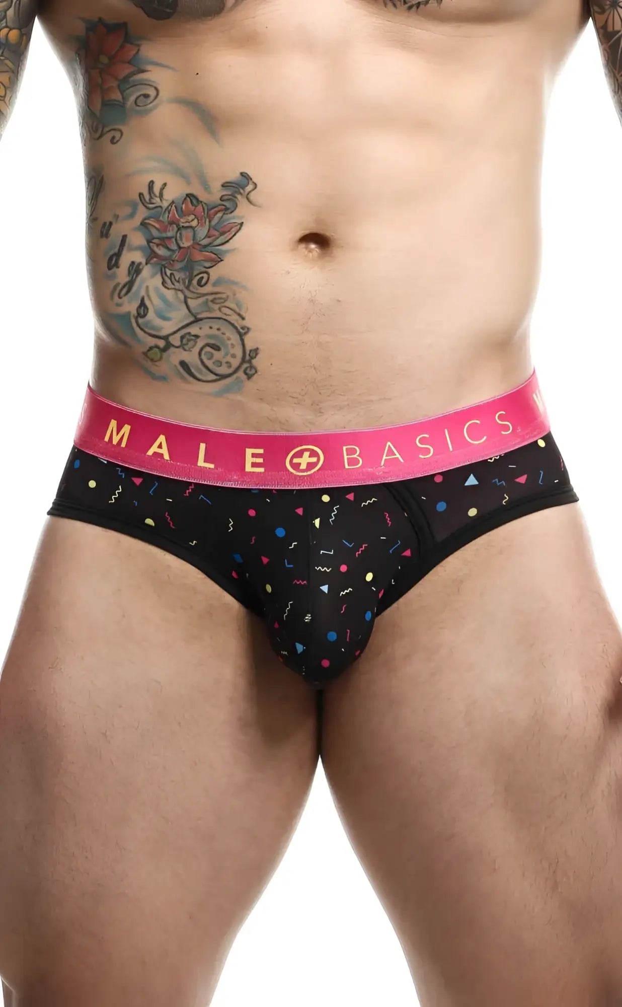 Black malebasics brief with vibrant pink waistband and colorful confetti patterns featuring male basics logo