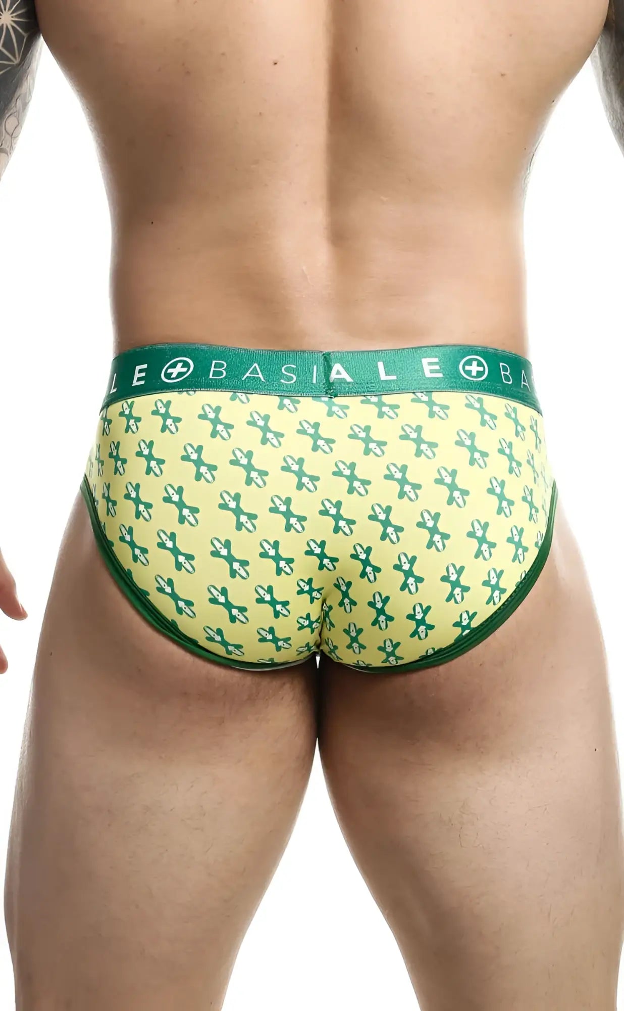 Malebasics brief sexy pouch green and yellow patterned basiale briefs with repeating cross design