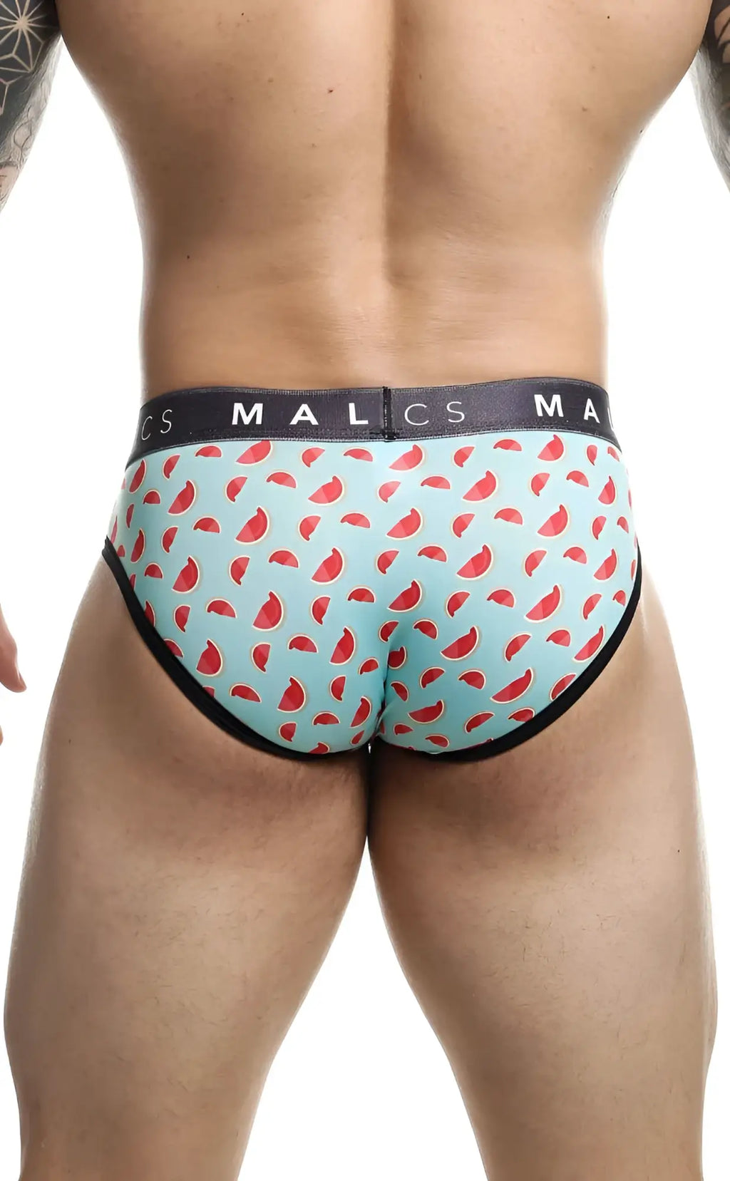 Light blue malebasics brief sexy pouch with red watermelon slice pattern black trim and malcs branded waistband