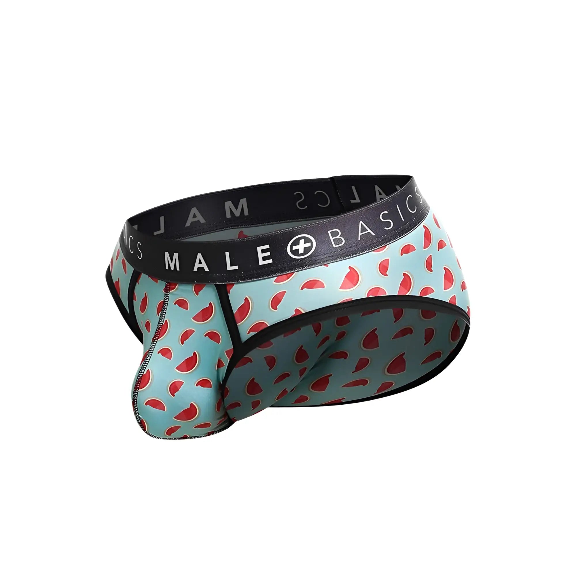 Light blue malebasics brief sexy pouch with red watermelon pattern and black elastic waistband for men