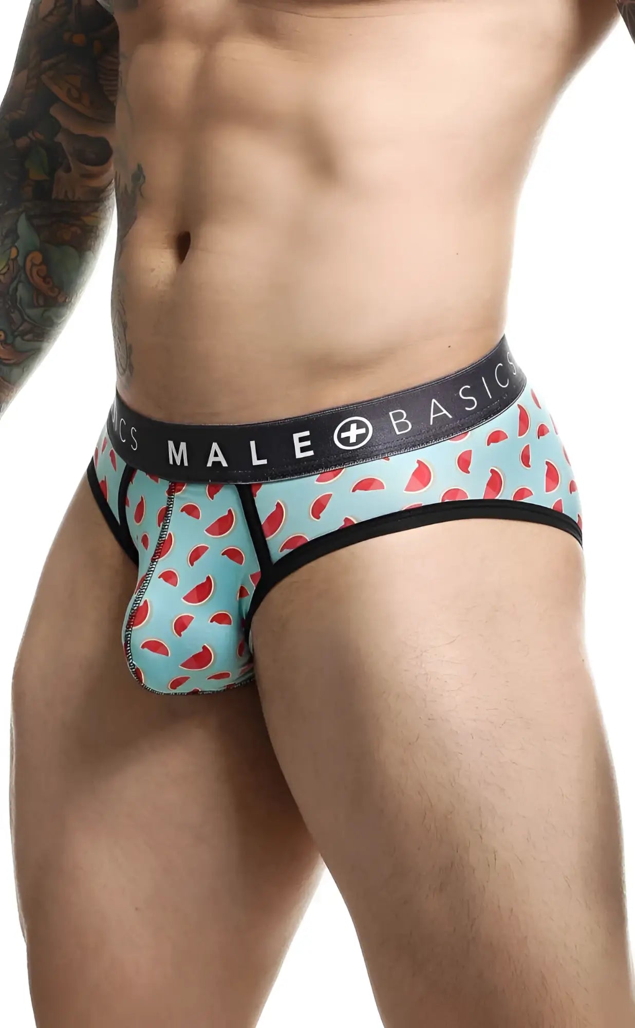 Light blue malebasics brief sexy pouch with watermelon pattern black trim and male basic waistband