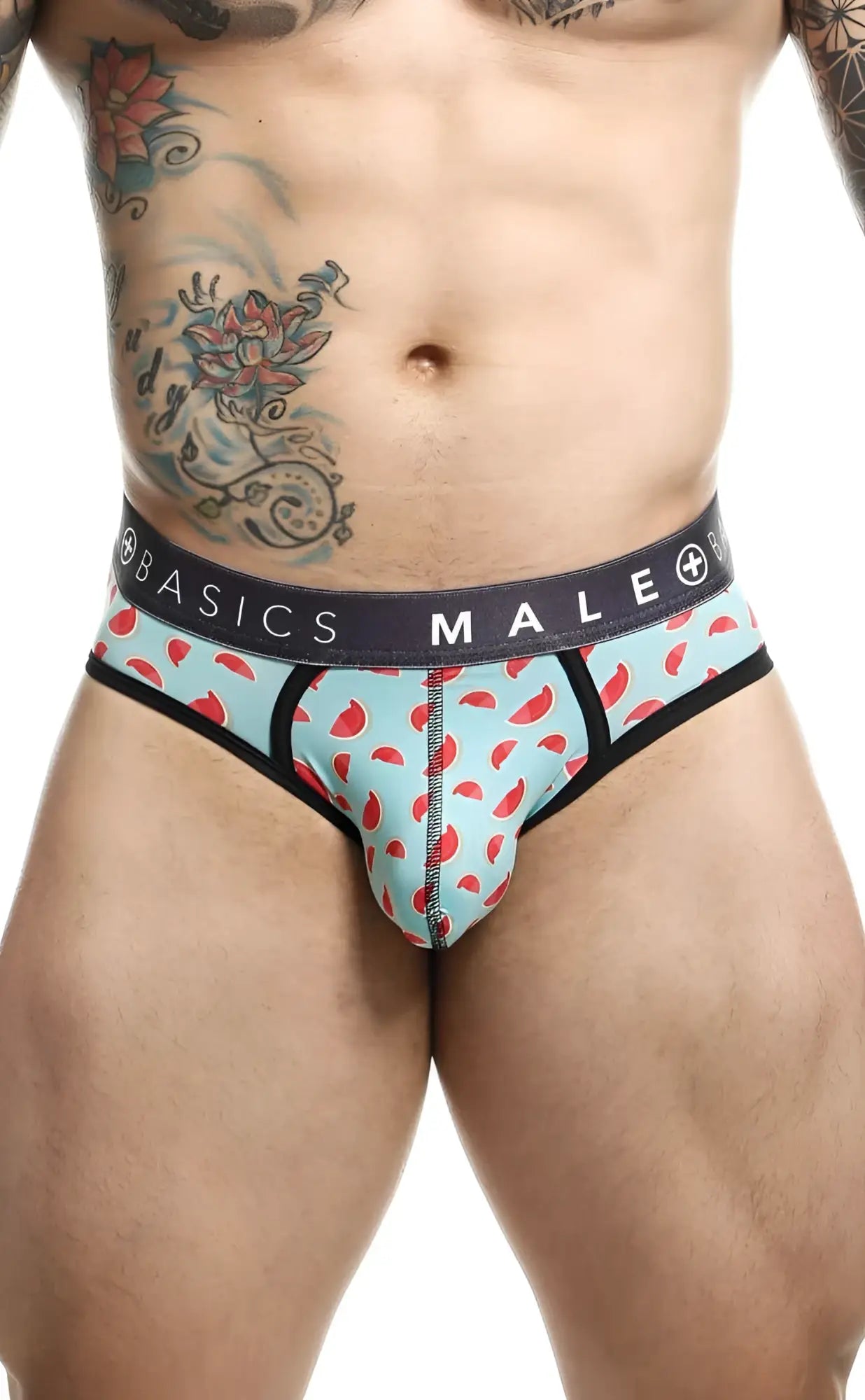 Light blue watermelon patterned Malebasics Brief Sexy Pouch men’s briefs with black trim and basics male waistband