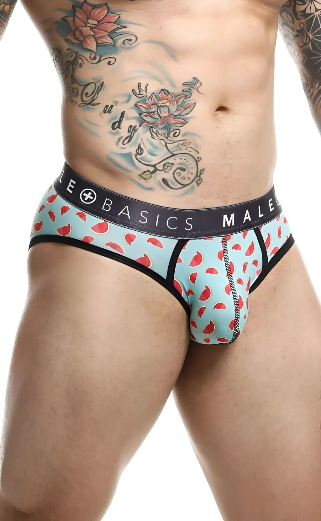 Malebasics brief sexy pouch light blue watermelon patterned men’s underwear with black trim and dark gray waistband