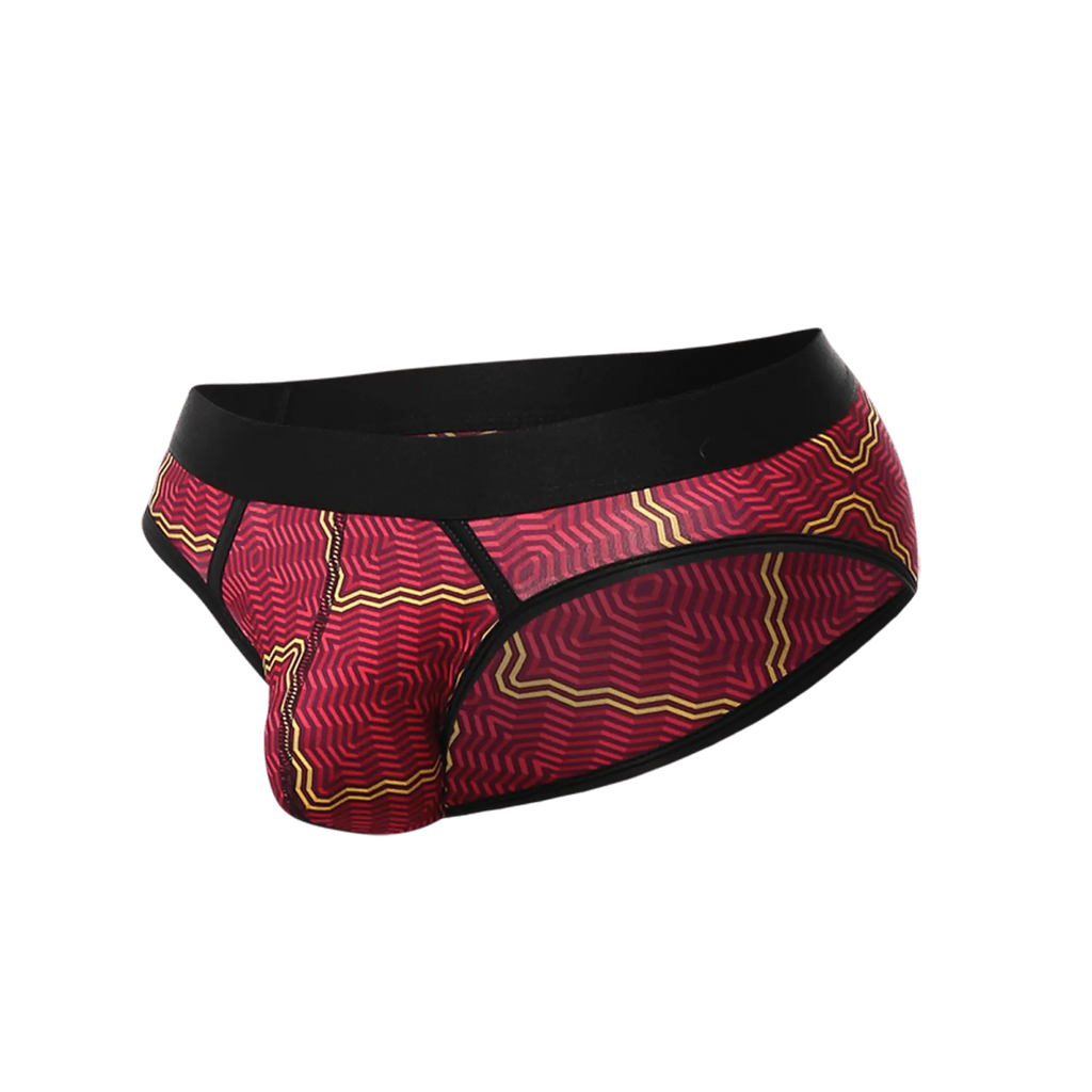Malebasics brief sexy pouch in red and gold geometric-patterned fabric with black elastic waistband