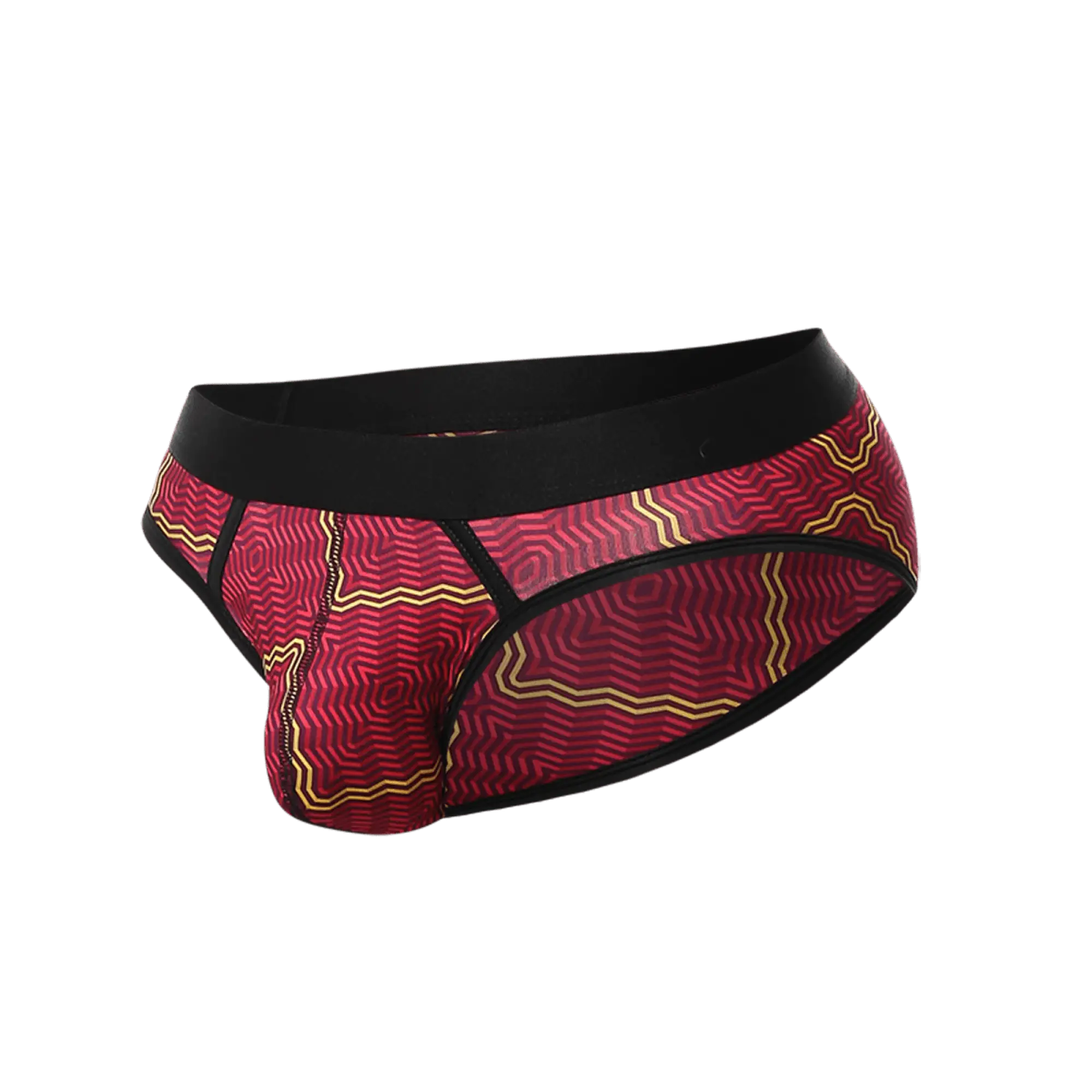 Malebasics brief sexy pouch in red and gold geometric-patterned fabric with black elastic waistband