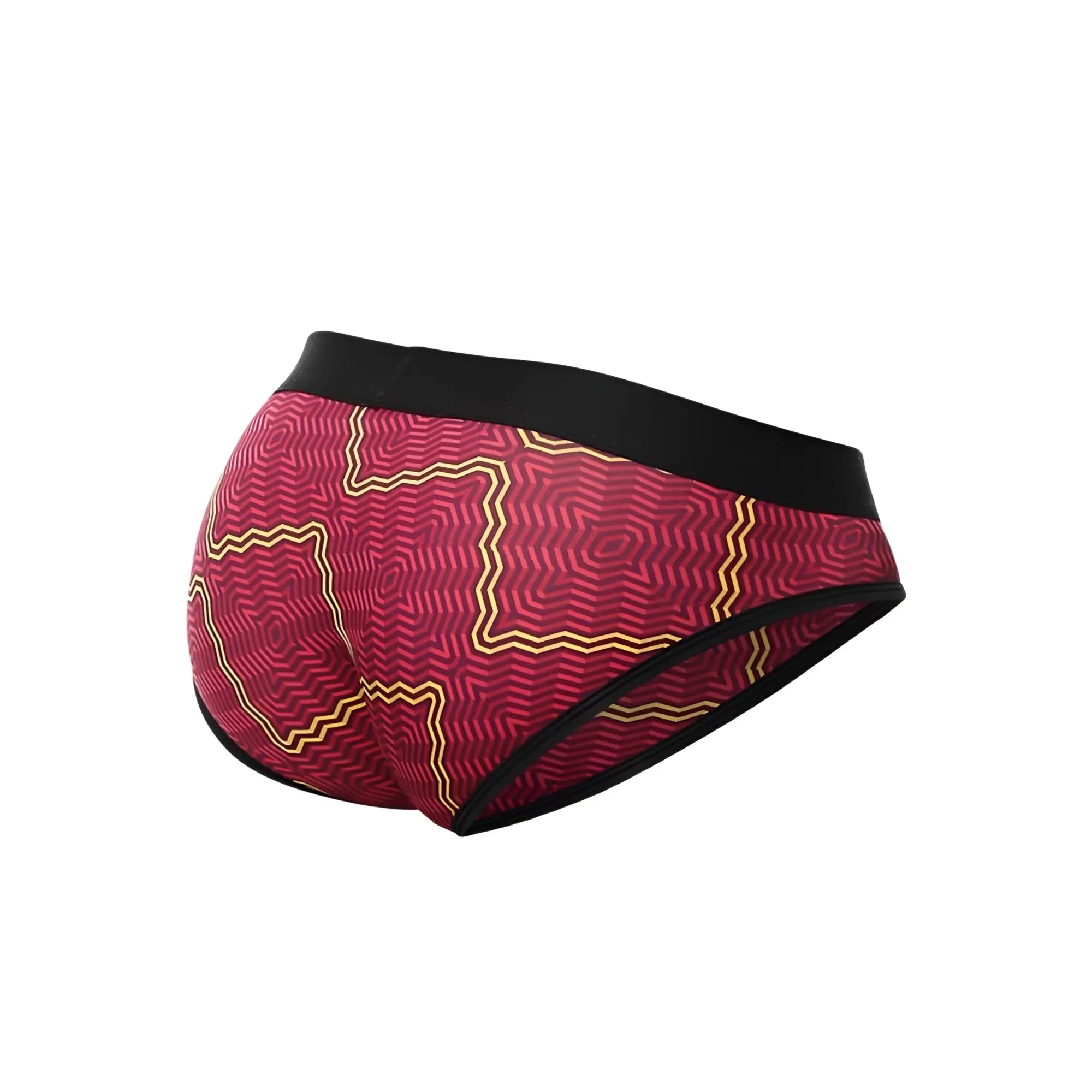 Malebasics brief sexy pouch red and gold patterned briefs with black elastic waistband for comfortable support