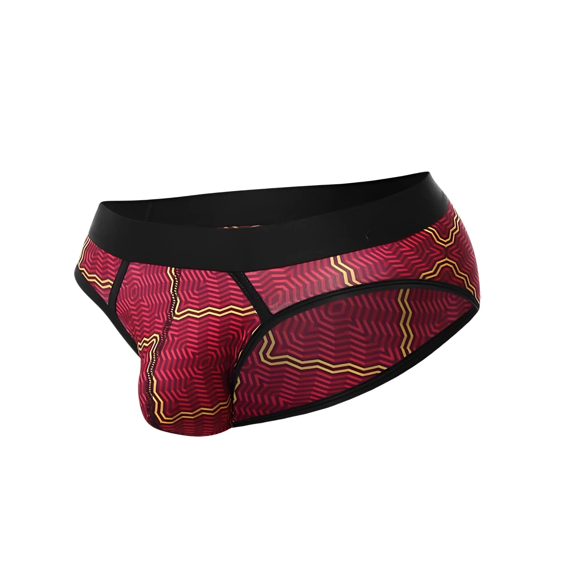 Malebasics brief sexy pouch red and gold patterned briefs with a black elastic waistband for a stylish fit