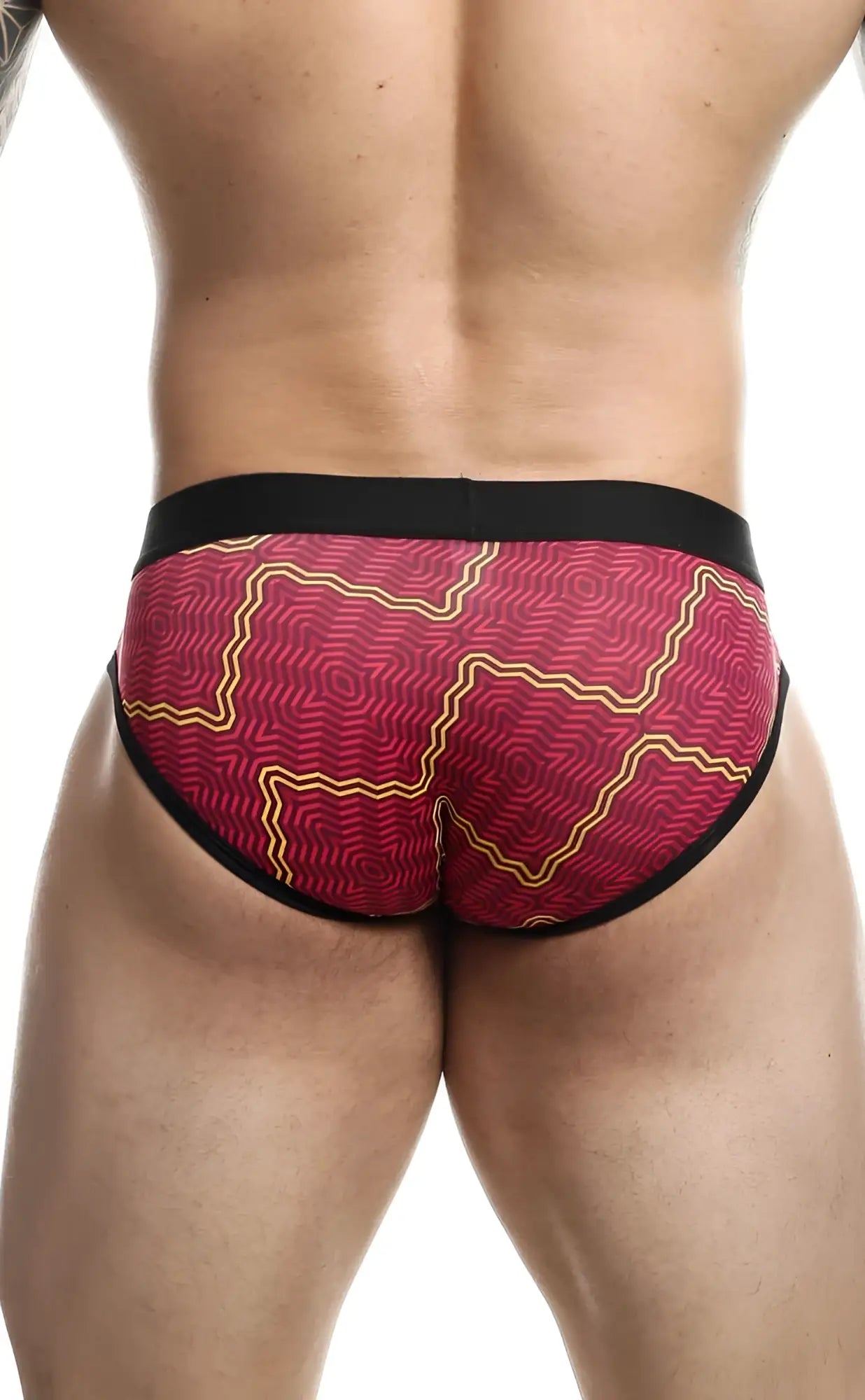 Malebasics brief sexy pouch featuring red and yellow geometric pattern with black trim for a stylish fit